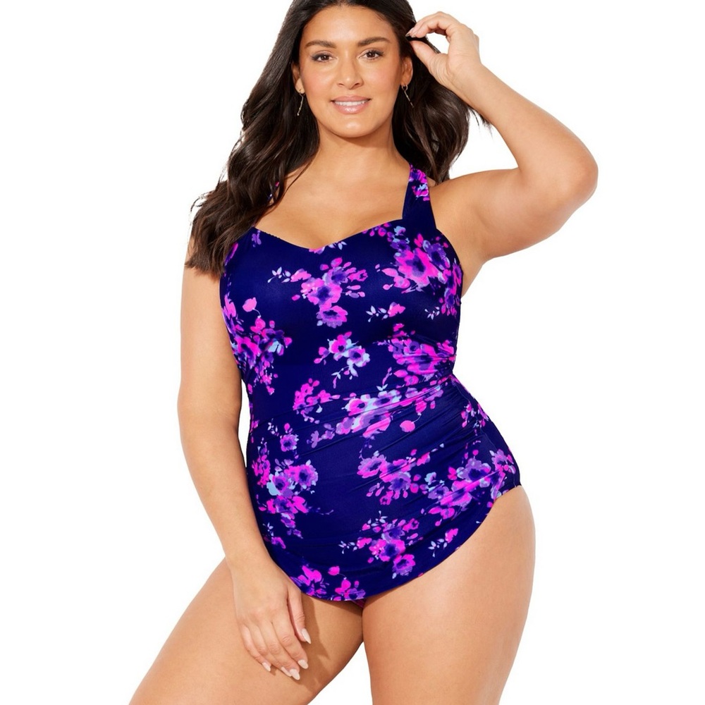 Swimsuits for All Sarong Front Swimsuit Floral One Piece H-Back 22